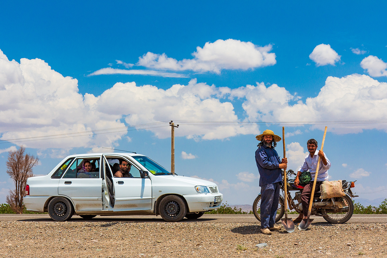Travellers and workers by a pistachio field